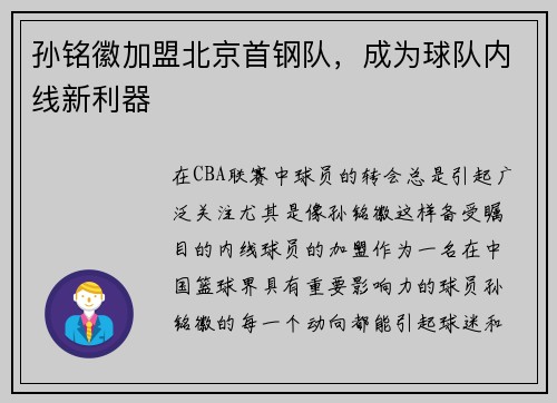 孙铭徽加盟北京首钢队，成为球队内线新利器