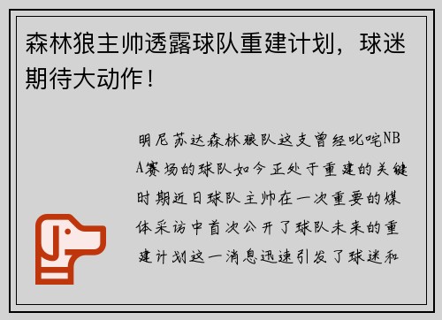 森林狼主帅透露球队重建计划，球迷期待大动作！
