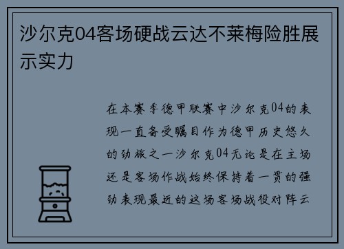 沙尔克04客场硬战云达不莱梅险胜展示实力